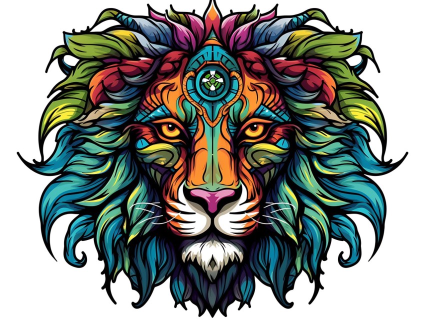 Colorful Lion Face Head Vivid Colors Pop Art Vector Illustrations White Background (178)