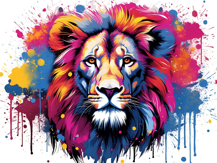 Colorful Lion Face Head Vivid Colors Pop Art Vector Illustrations White Background (171)