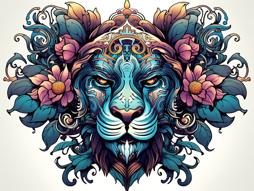 Colorful Lion Face Head Vivid Colors Pop Art Vector Illustrations White Background (190)