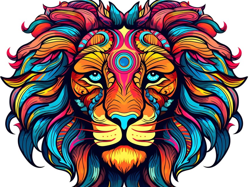 Colorful Lion Face Head Vivid Colors Pop Art Vector Illustrations White Background (177)