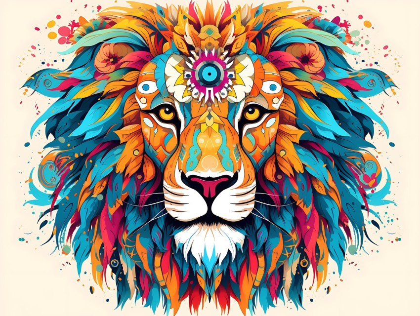Colorful Lion Face Head Vivid Colors Pop Art Vector Illustrations White Background (167)