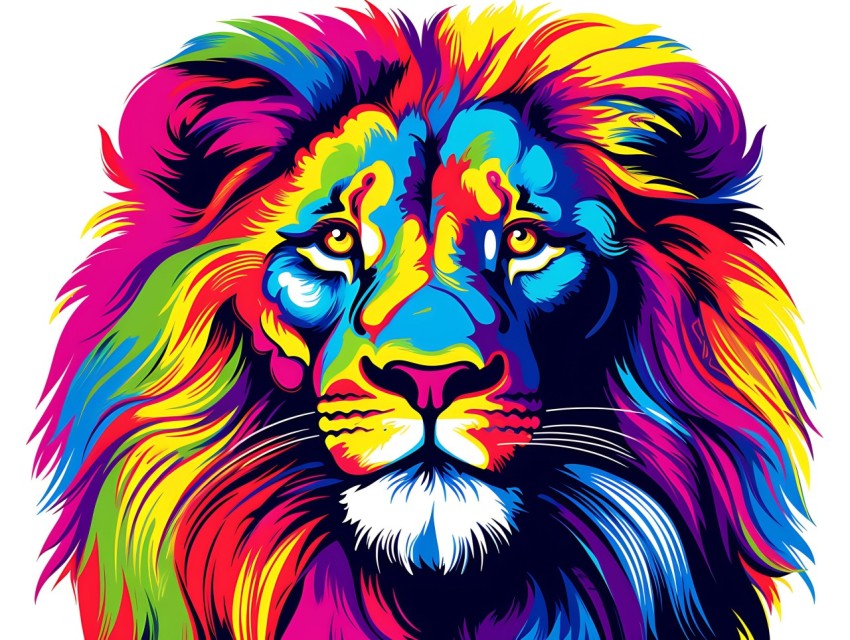 Colorful Lion Face Head Vivid Colors Pop Art Vector Illustrations White Background (188)