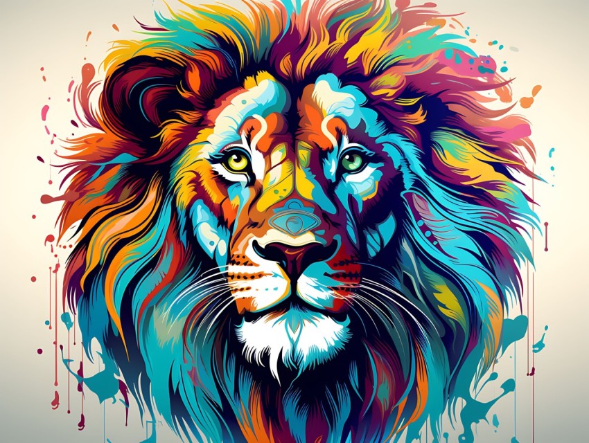 Colorful Lion Face Head Vivid Colors Pop Art Vector Illustrations White Background (169)