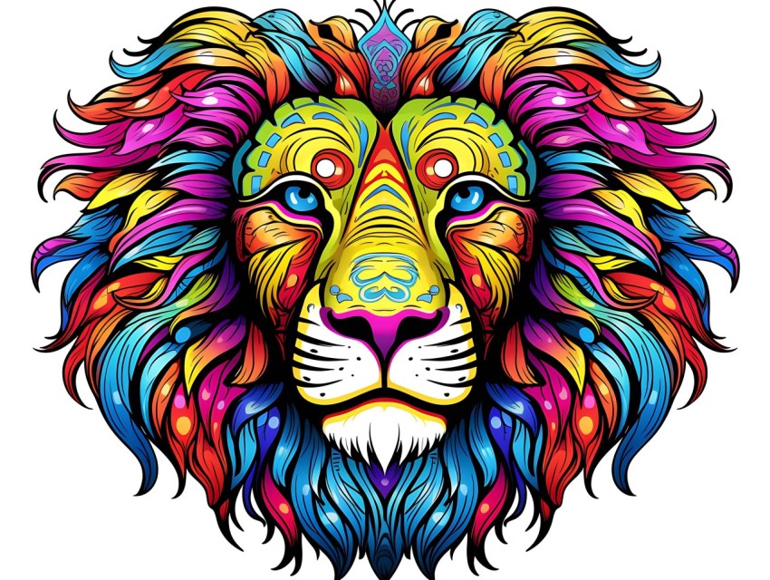 Colorful Lion Face Head Vivid Colors Pop Art Vector Illustrations White Background (198)