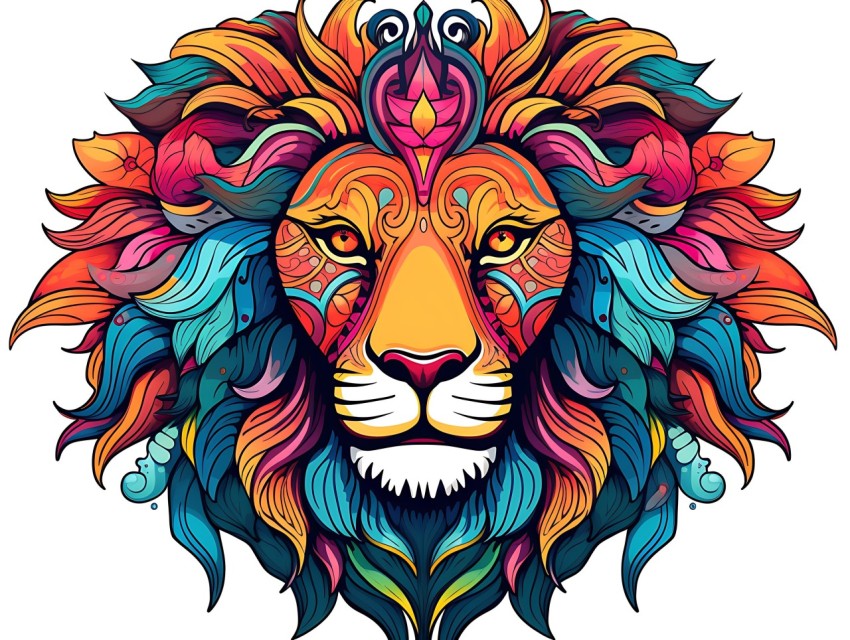 Colorful Lion Face Head Vivid Colors Pop Art Vector Illustrations White Background (193)