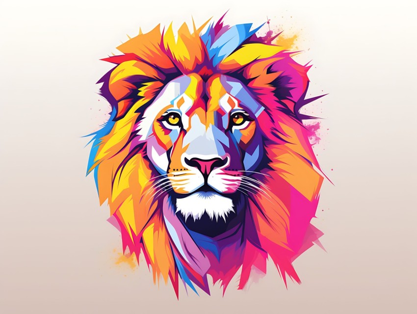 Colorful Lion Face Head Vivid Colors Pop Art Vector Illustrations White Background (215)