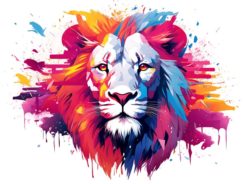Colorful Lion Face Head Vivid Colors Pop Art Vector Illustrations White Background (241)