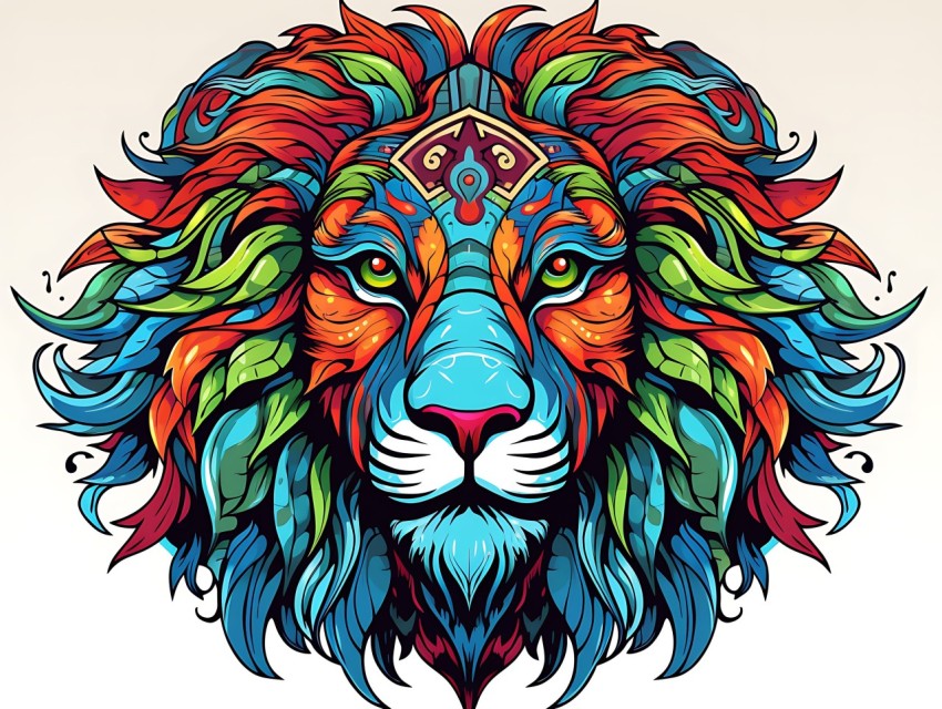 Colorful Lion Face Head Vivid Colors Pop Art Vector Illustrations White Background (237)
