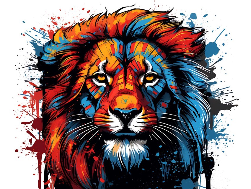 Colorful Lion Face Head Vivid Colors Pop Art Vector Illustrations White Background (233)