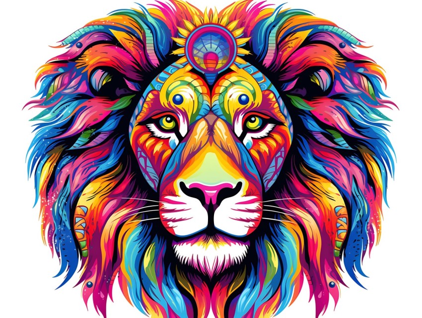 Colorful Lion Face Head Vivid Colors Pop Art Vector Illustrations White Background (240)