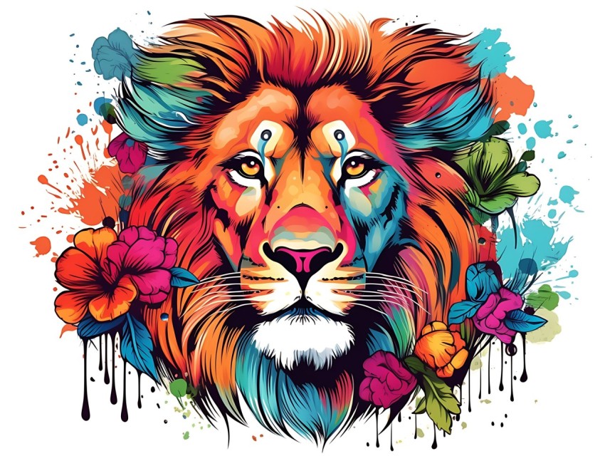 Colorful Lion Face Head Vivid Colors Pop Art Vector Illustrations White Background (223)
