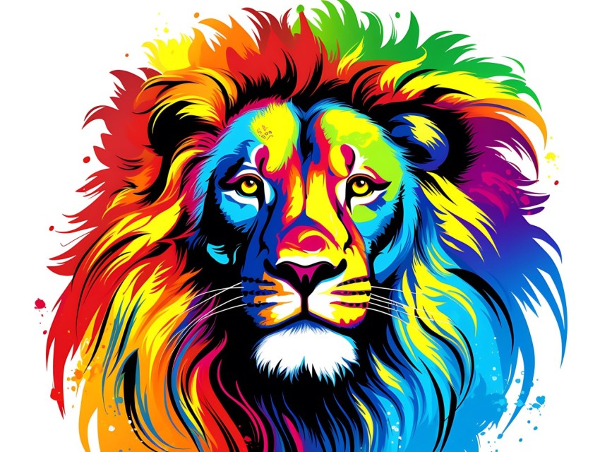 Colorful Lion Face Head Vivid Colors Pop Art Vector Illustrations White Background (220)