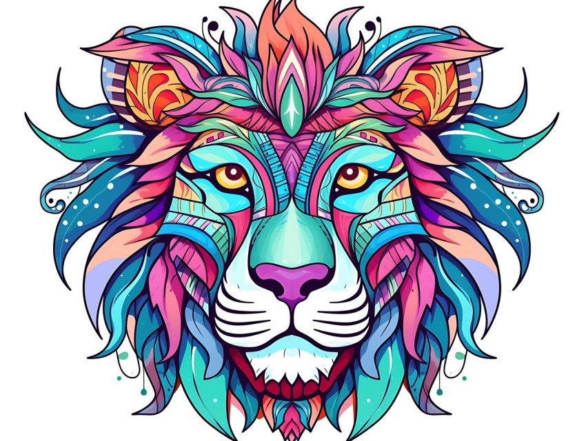 Colorful Lion Face Head Vivid Colors Pop Art Vector Illustrations White Background (214)
