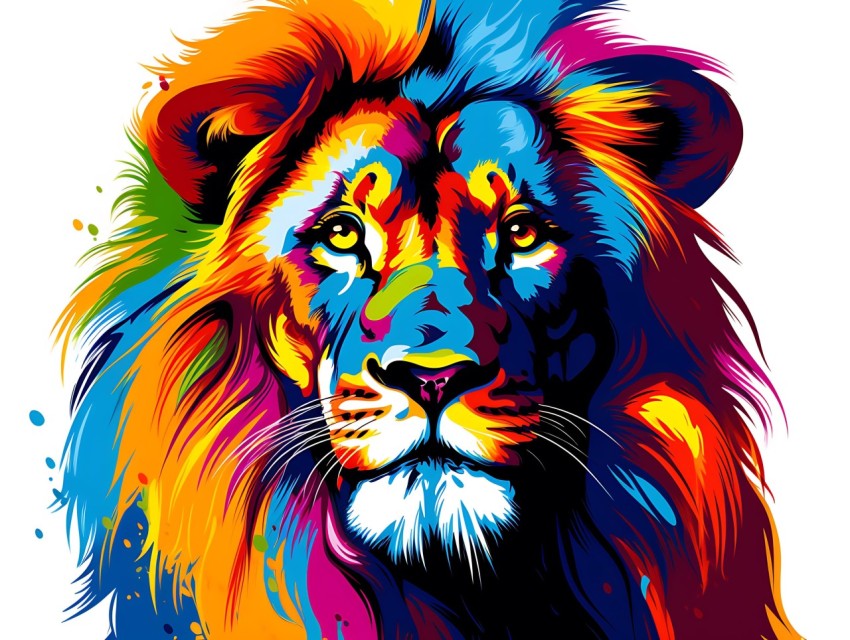 Colorful Lion Face Head Vivid Colors Pop Art Vector Illustrations White Background (227)