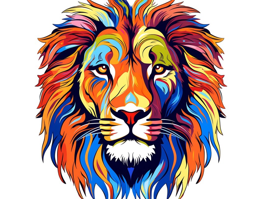 Colorful Lion Face Head Vivid Colors Pop Art Vector Illustrations White Background (221)