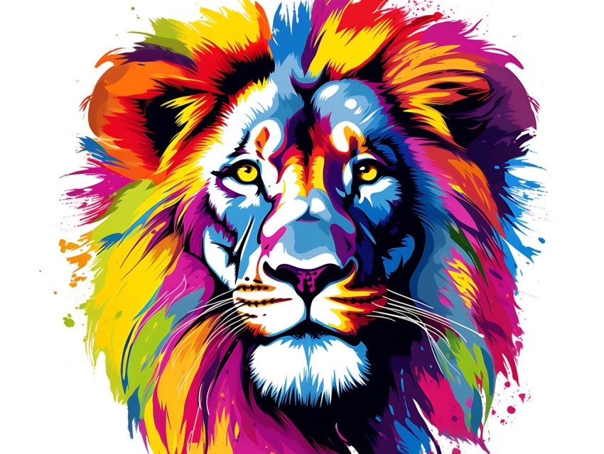 Colorful Lion Face Head Vivid Colors Pop Art Vector Illustrations White Background (239)