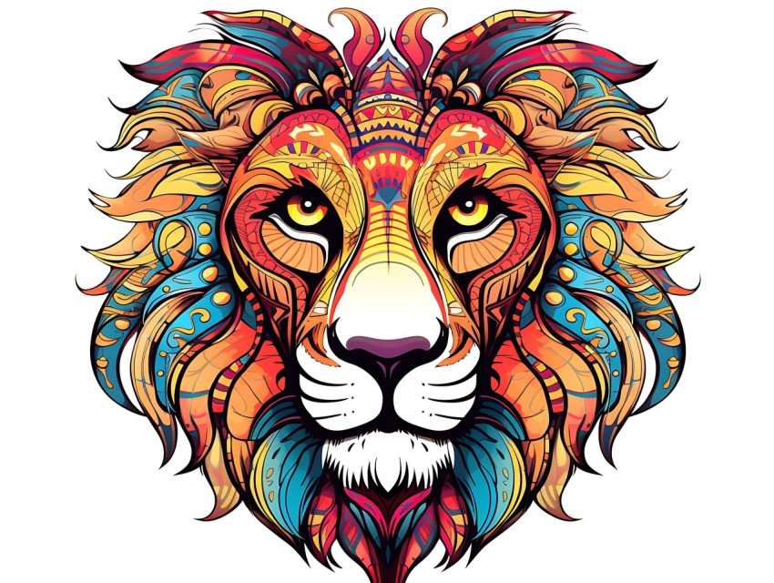 Colorful Lion Face Head Vivid Colors Pop Art Vector Illustrations White Background (246)