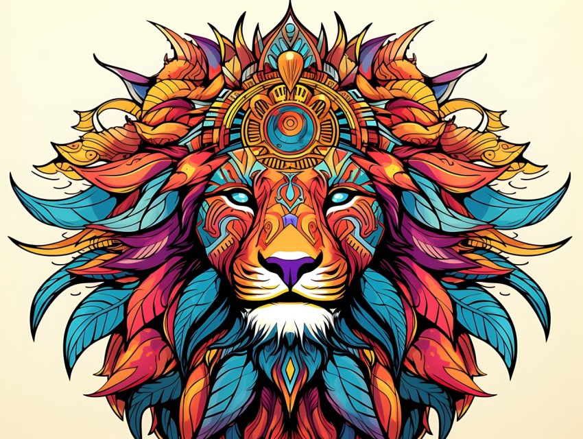 Colorful Lion Face Head Vivid Colors Pop Art Vector Illustrations White Background (217)