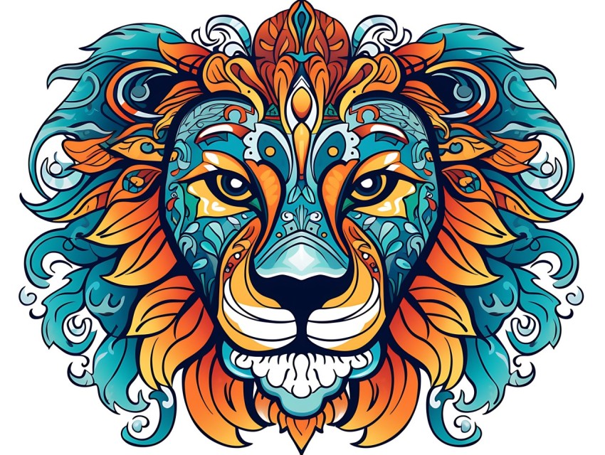 Colorful Lion Face Head Vivid Colors Pop Art Vector Illustrations White Background (230)