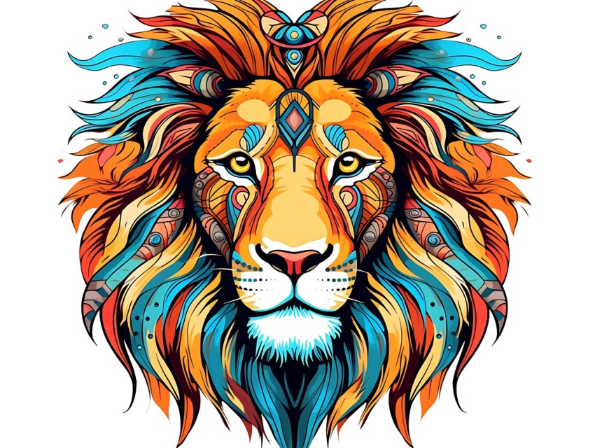 Colorful Lion Face Head Vivid Colors Pop Art Vector Illustrations White Background (235)