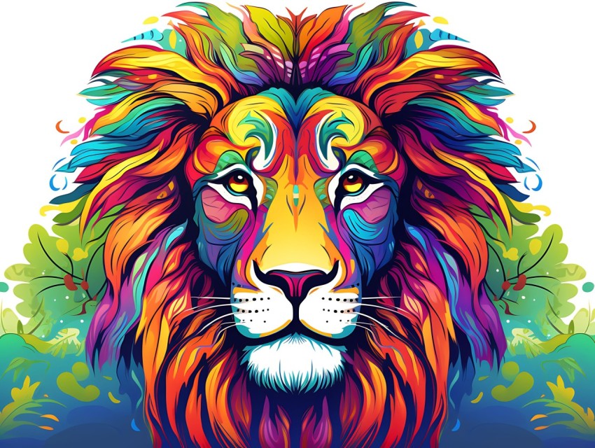 Colorful Lion Face Head Vivid Colors Pop Art Vector Illustrations White Background (211)