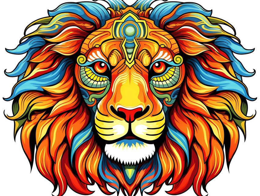 Colorful Lion Face Head Vivid Colors Pop Art Vector Illustrations White Background (232)