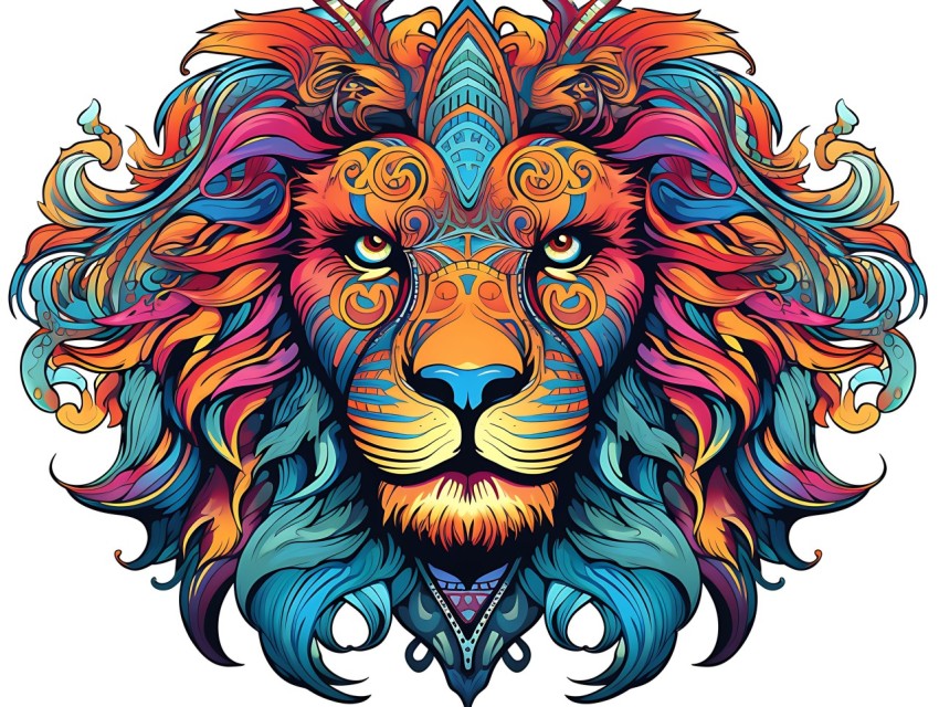 Colorful Lion Face Head Vivid Colors Pop Art Vector Illustrations White Background (206)
