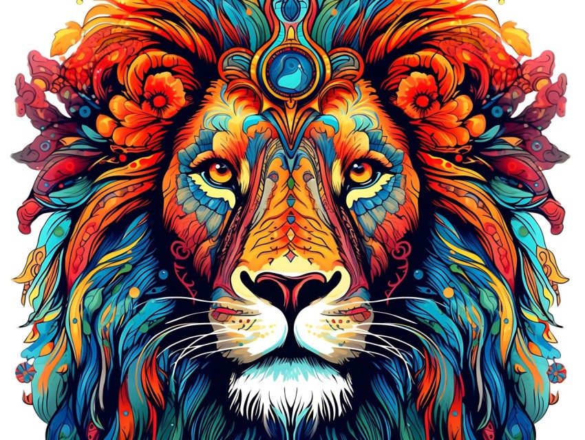Colorful Lion Face Head Vivid Colors Pop Art Vector Illustrations White Background (213)