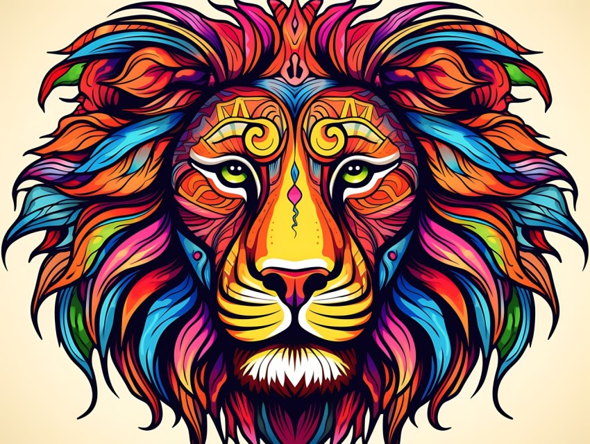Colorful Lion Face Head Vivid Colors Pop Art Vector Illustrations White Background (249)