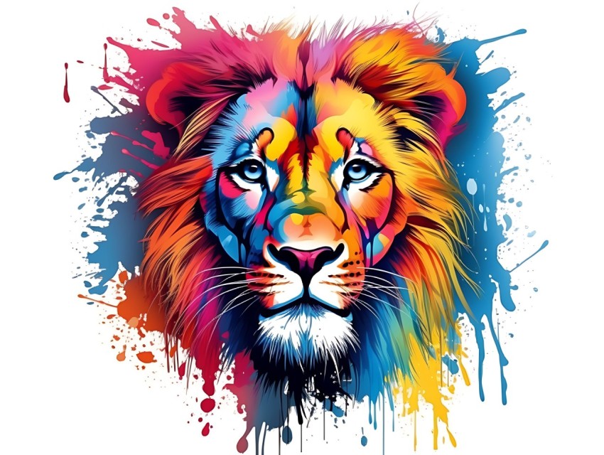 Colorful Lion Face Head Vivid Colors Pop Art Vector Illustrations White Background (252)