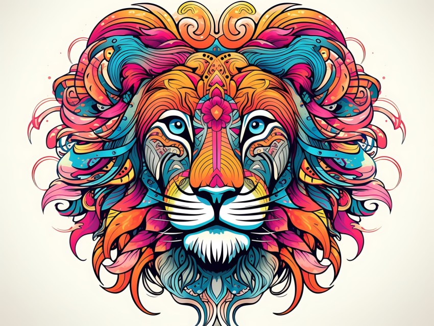 Colorful Lion Face Head Vivid Colors Pop Art Vector Illustrations White Background (254)