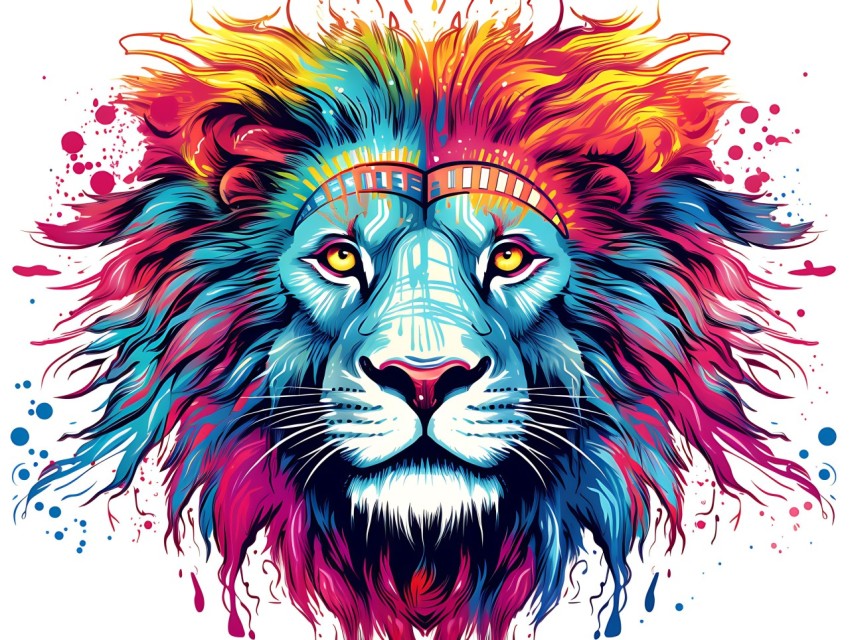 Colorful Lion Face Head Vivid Colors Pop Art Vector Illustrations White Background (271)