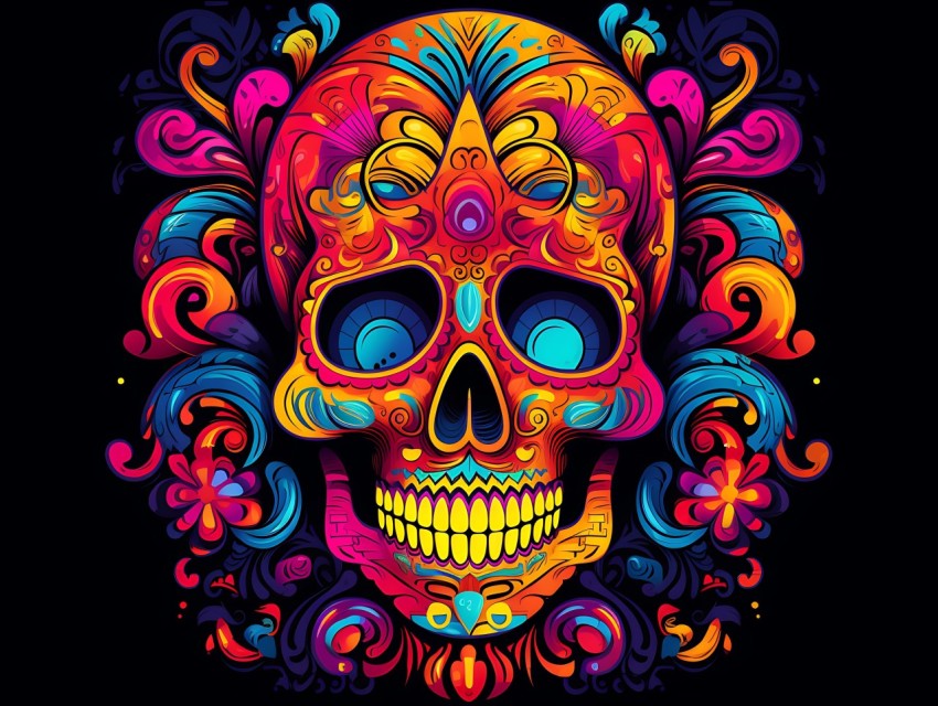 Colorful Skull Face Head Vivid Colors Pop Art Vector Illustrations (36)