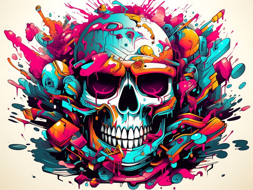 Colorful Skull Face Head Vivid Colors Pop Art Vector Illustrations (98)
