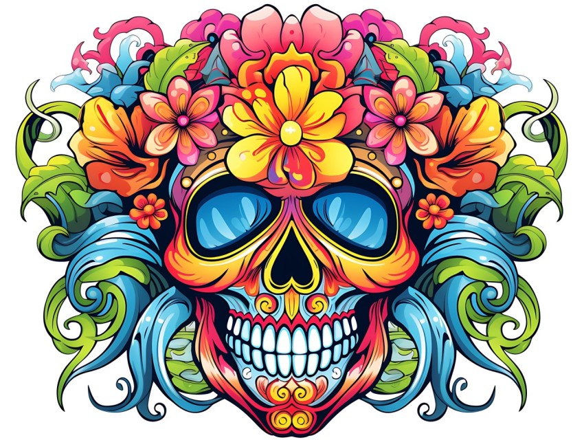 Colorful Skull Face Head Vivid Colors Pop Art Vector Illustrations (109)