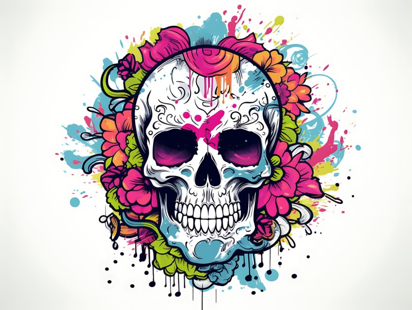 Colorful Skull Face Head Vivid Colors Pop Art Vector Illustrations (266)