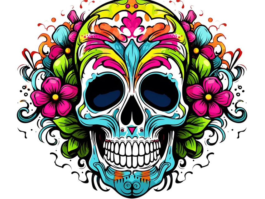 Colorful Skull Face Head Vivid Colors Pop Art Vector Illustrations (280)