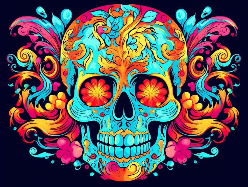 Colorful Skull Face Head Vivid Colors Pop Art Vector Illustrations (314)