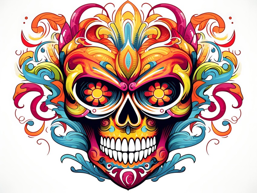 Colorful Skull Face Head Vivid Colors Pop Art Vector Illustrations (504)