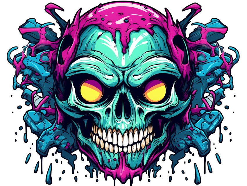 Colorful Skull Face Head Vivid Colors Pop Art Vector Illustrations (516)