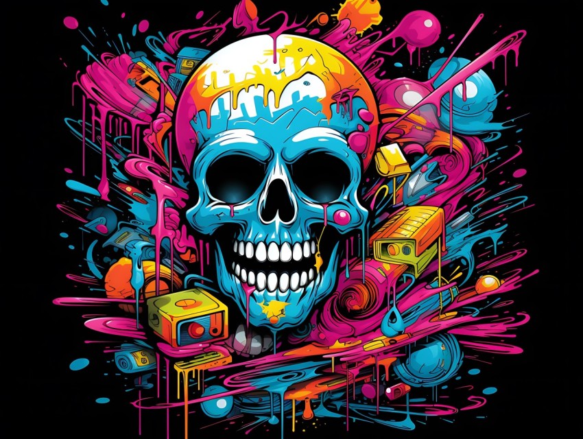 Colorful Skull Face Head Vivid Colors Pop Art Vector Illustrations (554)