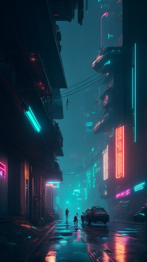 AI Generated Aesthetic cyberpunk style city street at night Wallpaper Mobile (24)