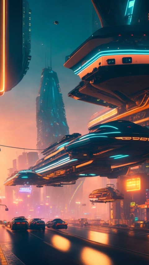 AI Generated Aesthetic cyberpunk style city street at night Wallpaper Mobile (8)
