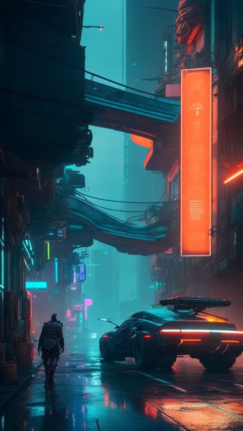 AI Generated Aesthetic cyberpunk style city street at night Wallpaper Mobile (6)