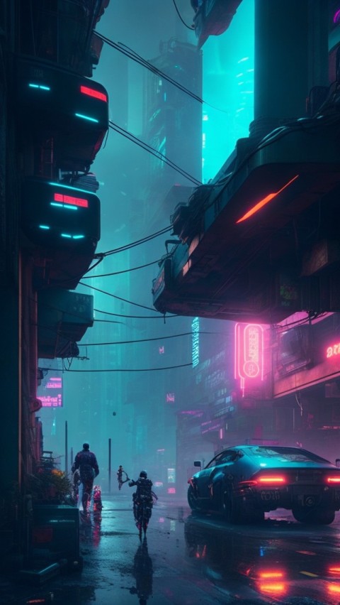 AI Generated Aesthetic cyberpunk style city street at night Wallpaper Mobile (12)