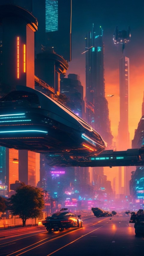 AI Generated Aesthetic cyberpunk style city street at night Wallpaper Mobile (3)
