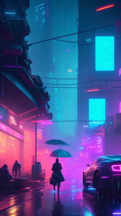 AI Generated Aesthetic cyberpunk style city street at night Wallpaper Mobile (15)