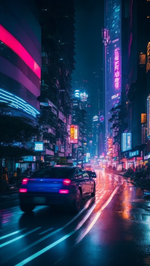 AI Generated Aesthetic cyberpunk style city street at night Wallpaper Mobile (33)