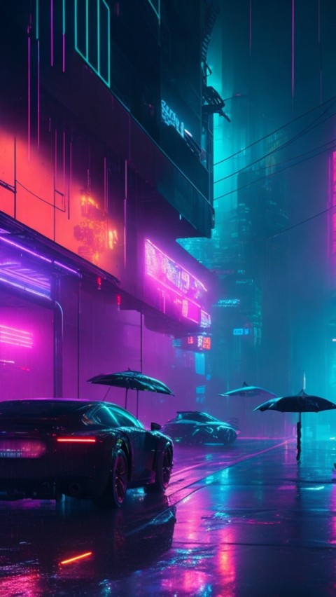 AI Generated Aesthetic cyberpunk style city street at night Wallpaper Mobile (9)