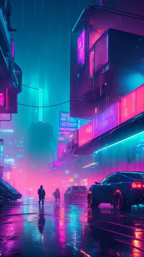 AI Generated Aesthetic cyberpunk style city street at night Wallpaper Mobile (37)